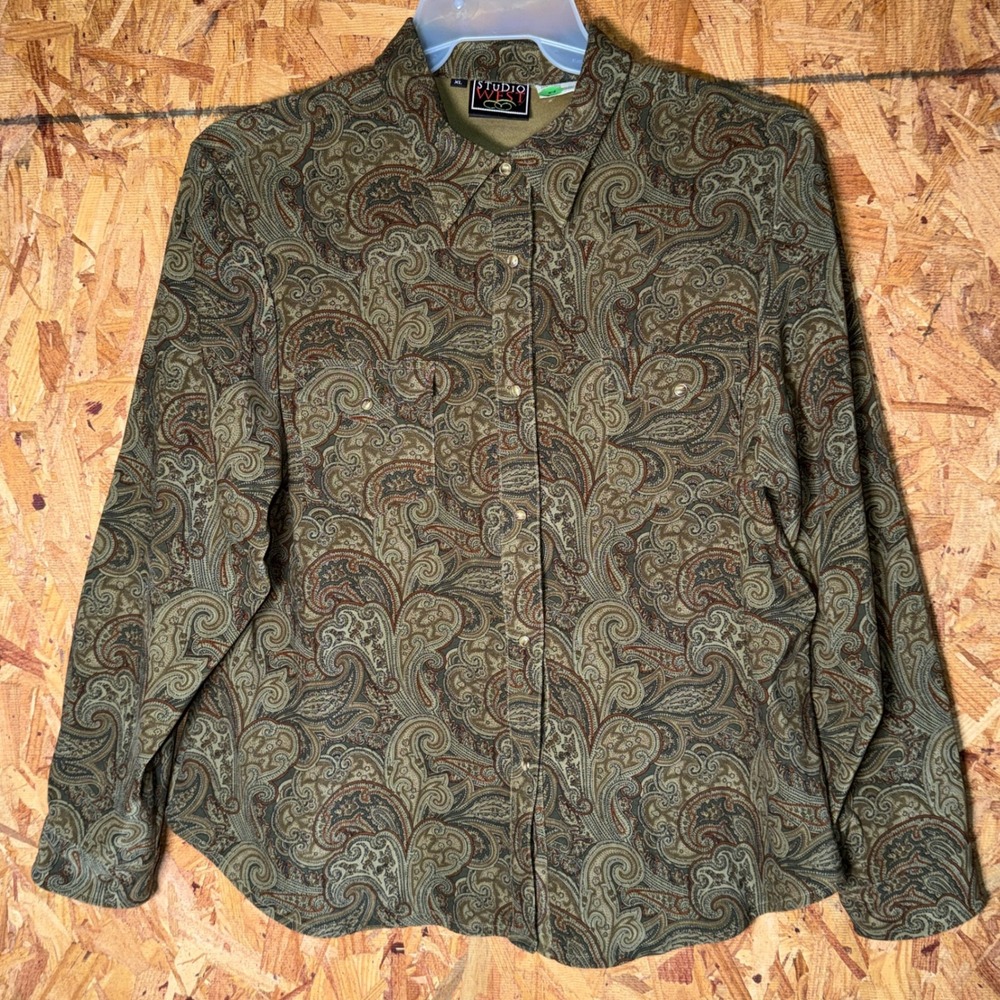 VTG Velour Pearl Snap Button Shirt Green Paisley Retro Hipster Top‎ Womens XL